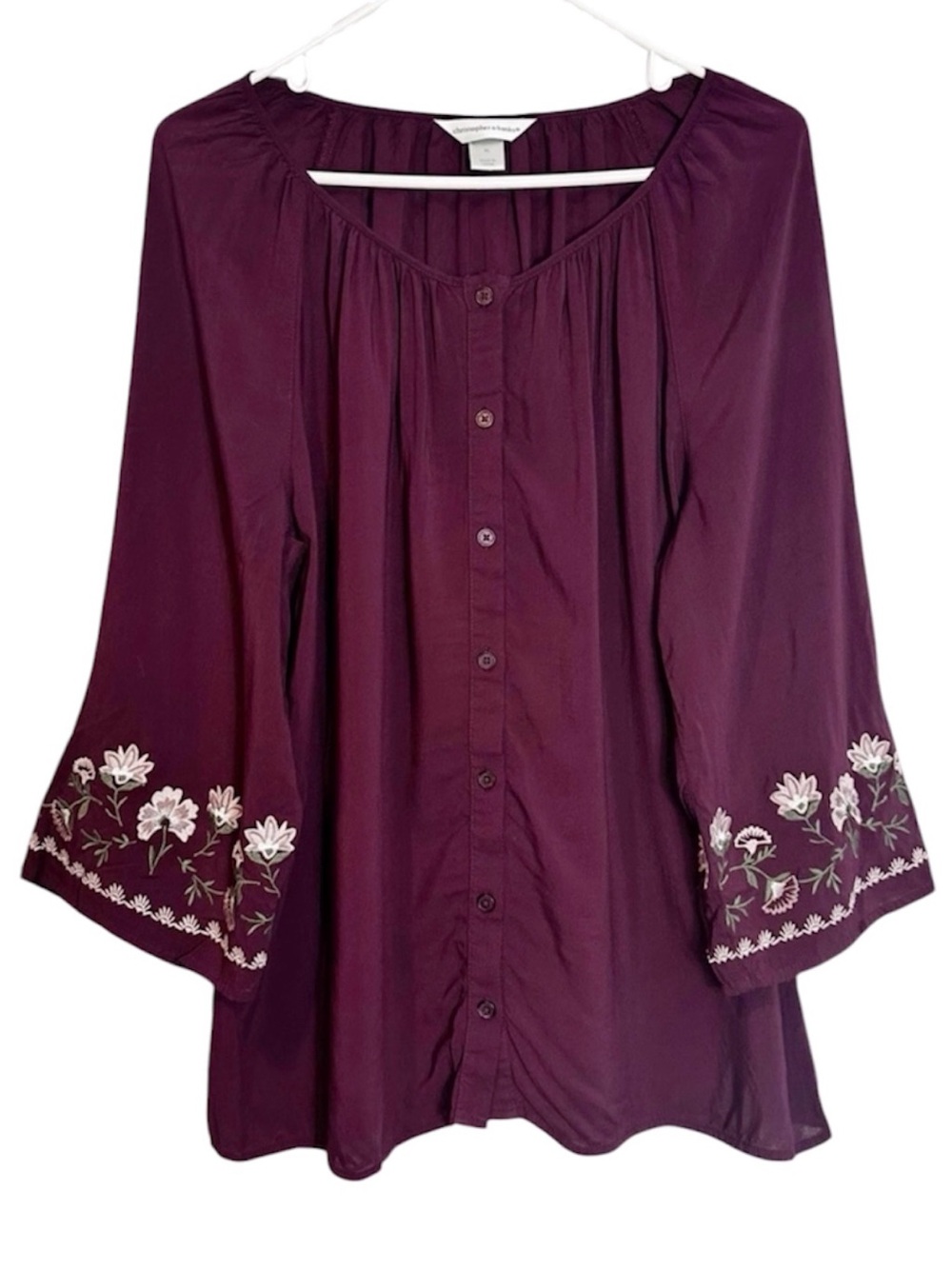 Christopher & Banks Burgundy Button Front Embroidered Floral Boho Blouse